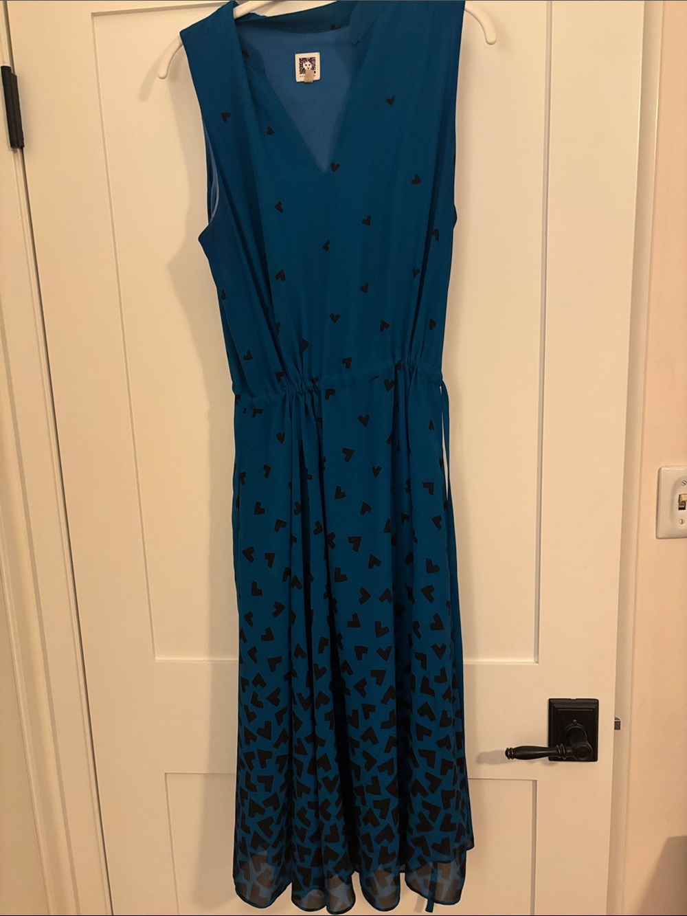 Ann Klein Teal Sleeveless V-Neck Midi Dress with Black Heart Print
